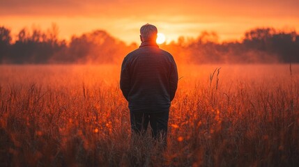 A person stands in a field at sunset, surrounded by warm colors and nature's tranquility.