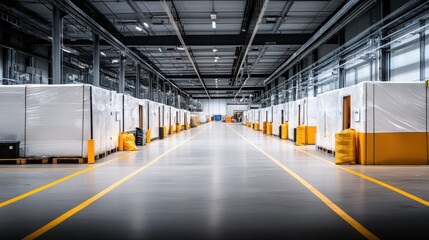 Fototapeta premium Modern Warehouse Interior with Storage Racks and Industrial Atmosphere in Bright Lighting