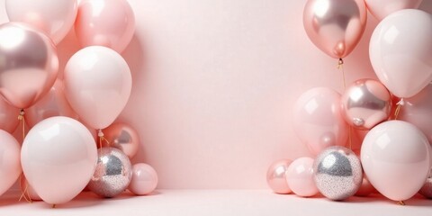 A cluster of pastel pink and rose gold balloons against a soft pink background creates a festive and elegant scene, perfect for celebratory occasions