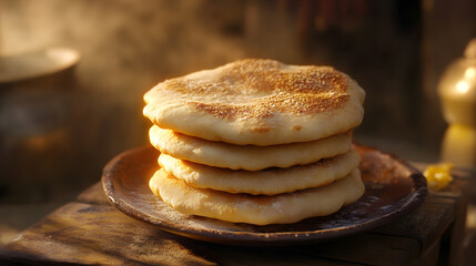 Freshly baked pita bread stacked on wooden plate, showcasing golden brown color and sesame seeds on top, evoking warmth and comfort. Perfect for any meal