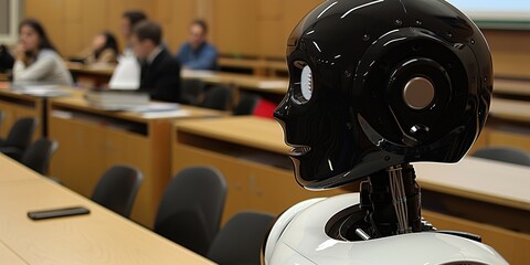 AI robot teacher teaching to cyborg ai students in the classroom, school concept banner. 