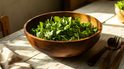 stylish wooden salad bowl filled with fresh greens, showcasing vibrant leaves in natural light. Perfect for healthy dining and rustic table settings