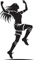 Obraz premium Silhouette of a joyful female soccer player in mid-celebratory jump.
