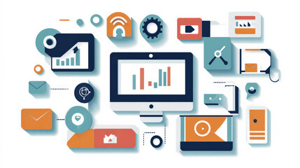 Technology icons illustrate communication and business using various devices