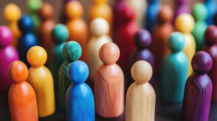 Colorful group wooden figures stand together, diversity concept