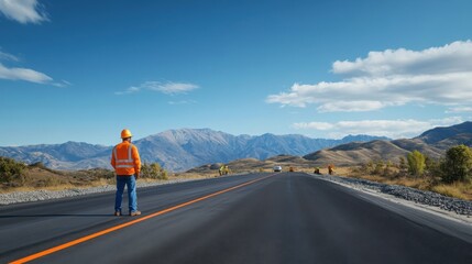Fototapeta premium Construction Worker in Orange Vest Directing Traffic on Open Road Surrounded by Mountains on a Sunny Day