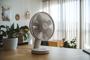 A white desk fan sits on a wooden table, near plants. Soft sunlight streams through sheer curtains in a bright, minimalist room. The fan is modern and stylish.