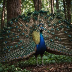 Obraz premium A peacock spreading its colorful feathers in a lush forest.