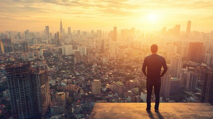 Fototapeta premium Man Contemplating City Skyline at Golden Hour