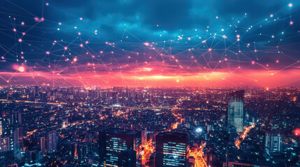 Fototapeta premium City skyline lights digital network connection technology