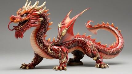 Obraz premium Majestic Ornate Dragon Sculpture with Red and Gold Details Celebrating Cultural Heritage
