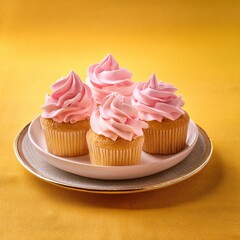 Delicious mini cupcakes with pink creamy frosting on yellow background