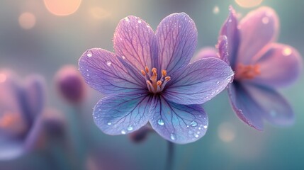 Fototapeta premium Close-up of delicate lavender flowers with water droplets, soft background.