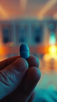 Viagra tablets in man hand. Medical concept for men health, erection medications, erectile dysfunction treatment