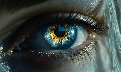 Fototapeta premium Close-up eye, blue iris, light reflection, fantasy, artwork
