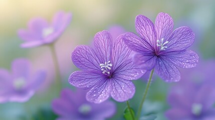Fototapeta premium Close-up of two delicate light purple flowers with water droplets, blurred background.