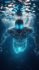 A swimmer in a luminous underwater scene portraying athleticism.