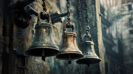 Fototapeta premium Ancient Bells Hanging in Old Temple