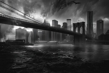 Lower Manhattan skyline and Brooklyn bridge in New York City with generative ai