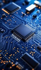 Close-up View of Microchip on Circuit Board with Blue Background and Illuminated Electronic Components