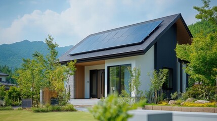 Obraz premium Modern house design with solar panels and beautiful landscape under a clear blue sky and mountains in background