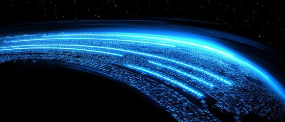 Celestial Data Stream:  Abstract image depicting glowing blue data streams orbiting a dark planet, suggesting technological advancement, global connectivity, or futuristic concepts. 