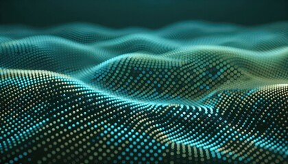 A macro view of flat pixels in minimal rows of luminous mint green dots fading into a large solid dark green background