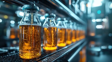 Kombucha bottles on production line industrial shot