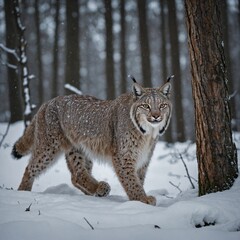 Obraz premium A snowy lynx prowling through a wintry woodland.