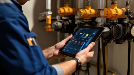 A man is holding a tablet in his hand while looking at a pipe