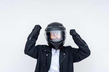 An enthusiastic young rookie Asian woman delivery rider celebrating, isolated on a white background.