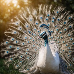 Obraz premium A white peacock with its tail fully fanned against a bright background.