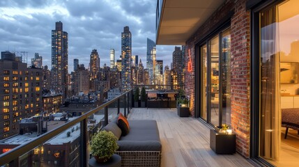 Obraz premium Urban Oasis: Rooftop terrace overlooking breathtaking city skyline at dusk. Luxurious outdoor furniture and warm lighting enhance the tranquil atmosphere. 