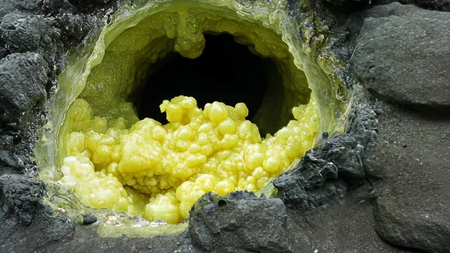 Bubbling sulfur vent releases bright yellow gas from volcanic rock in natural landscape