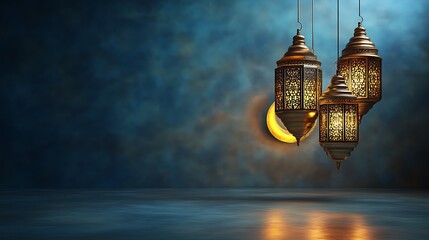 Obraz premium Illuminated Ramadan Lanterns Hanging Against Dark Blue Background