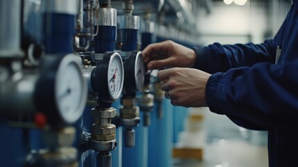 A man is working on a machine with a gauge that has a red and white needle