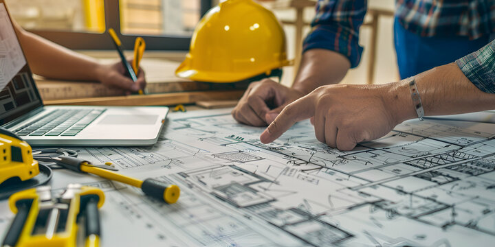 Engineers and architects reviewing blueprints and tools at a construction site office for project planning