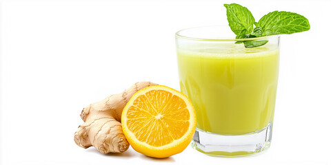 Fototapeta premium Ein leckerer grüner Smoothie mit Ingwer auf neutralen Hintergrund