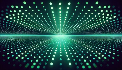 A macro view of flat pixels in minimal rows of luminous mint green dots fading into a large solid dark green background
