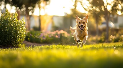 Happy Golden Dog Running Through Sunny Grass