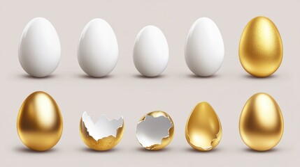 Realistic eggs. White egg and broken shell, golden silver bronze easter hunting elements. Farm product set