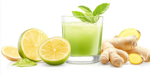Fototapeta premium Ein leckerer grüner Smoothie mit Ingwer auf neutralen Hintergrund