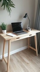 Light Wood Minimalist Desk: A sleek, light wood desk with minimalist design, featuring two drawers and tapered legs.  A laptop, potted plant, and desk lamp complete the workspace setup.