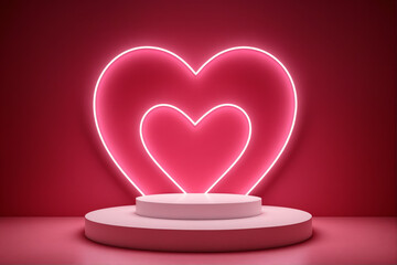 Empty light podium with glow neon on abstract background with heart shaped and copy space. Modern platform for product placement or montage, promotion, mock up. Wedding and Valentine's day concept.