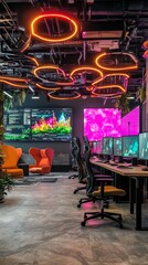Fototapeta premium Neon Dreams: An ethereal glow illuminates a modern co-working space, where vibrant colors and sleek furniture create a dynamic and inspiring atmosphere. The futuristic lighting design.