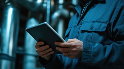 A man in a blue jacket is holding a tablet in his hand