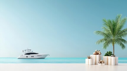 A white boat is sailing in the ocean near a palm tree