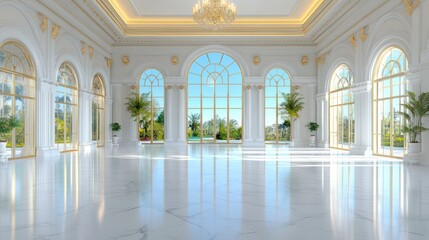 Fototapeta premium Sunlit White and Gold Luxury Palace Interior with Columns