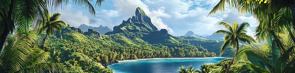 Colorful tropical island with volcanic peaks and lush greenery