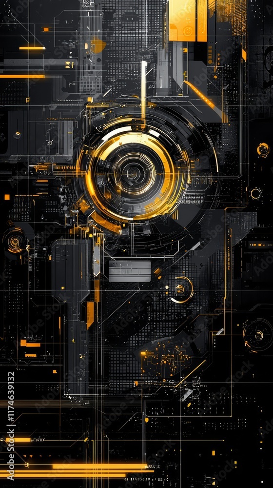 Poster golden circuitry abstract: a mesmerizing display of intricate golden circuitry interwoven with digit